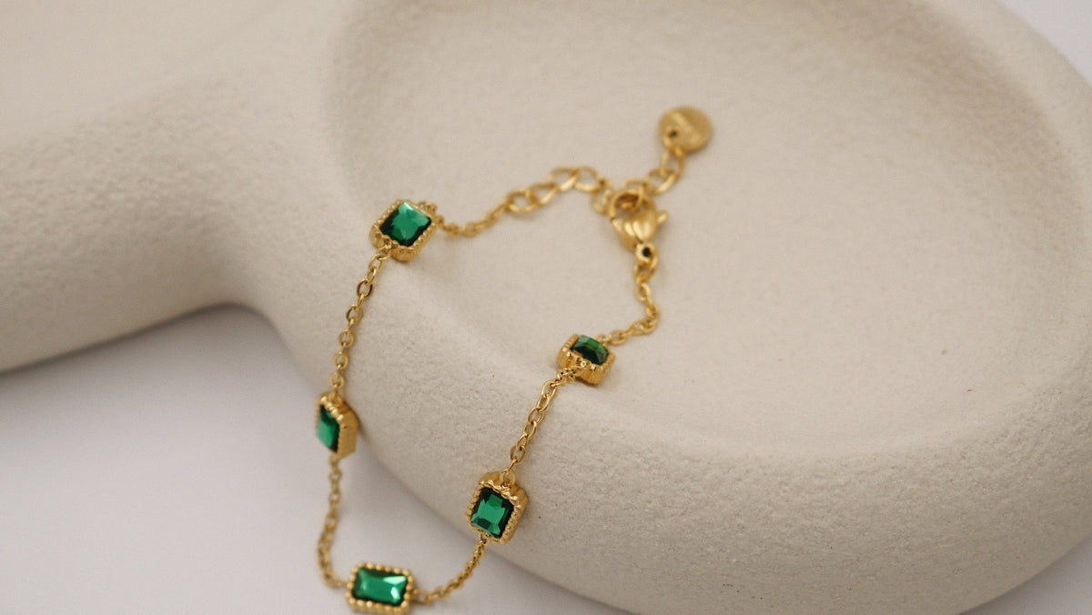 Elegant Green Zircon Bracelet with Gold Plated Chain